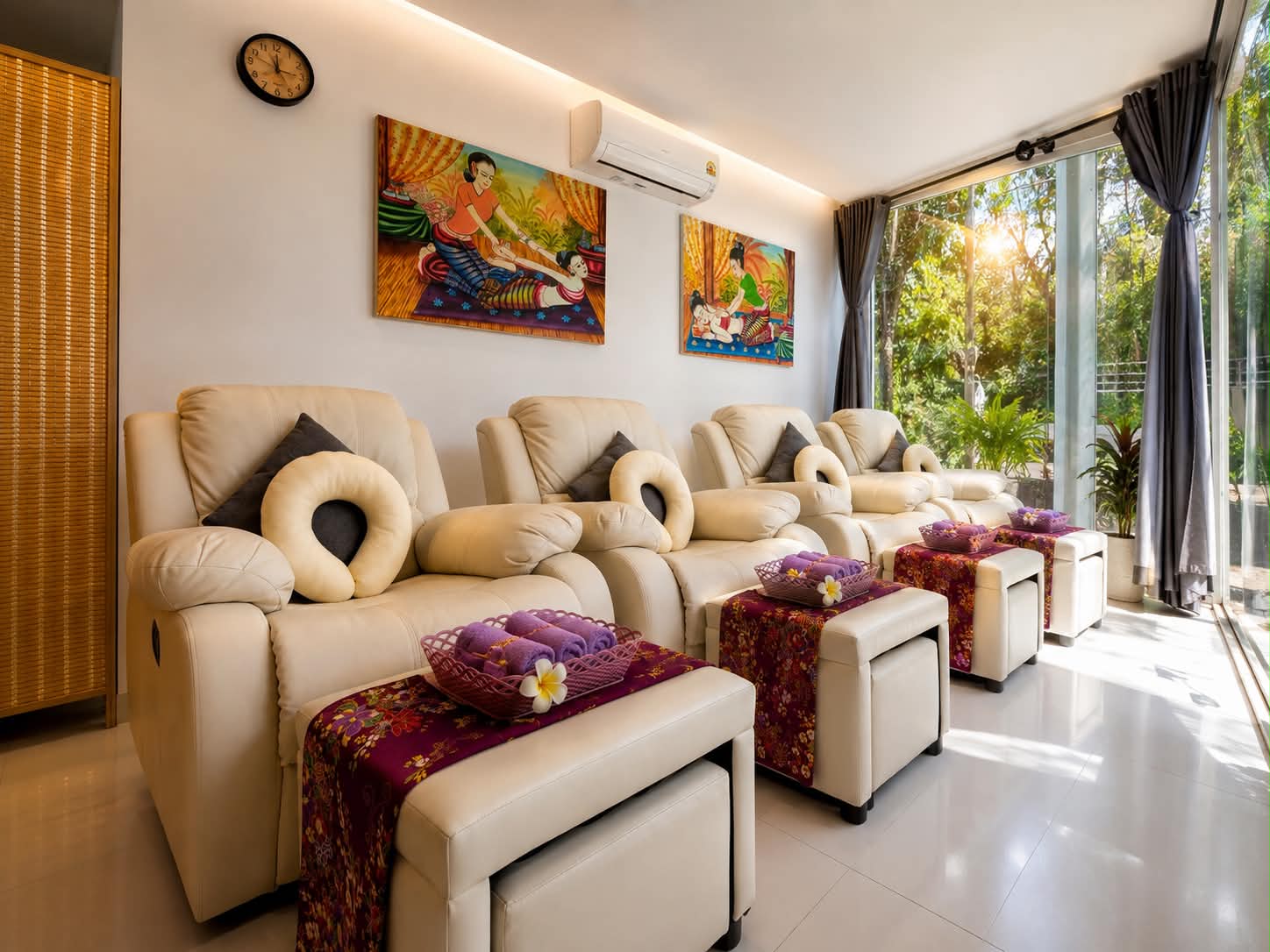 The foot massage lounge at Sabai Siam: cream reclining chairs with purple towels, Thai paintings on the wall and the garden through the windows.