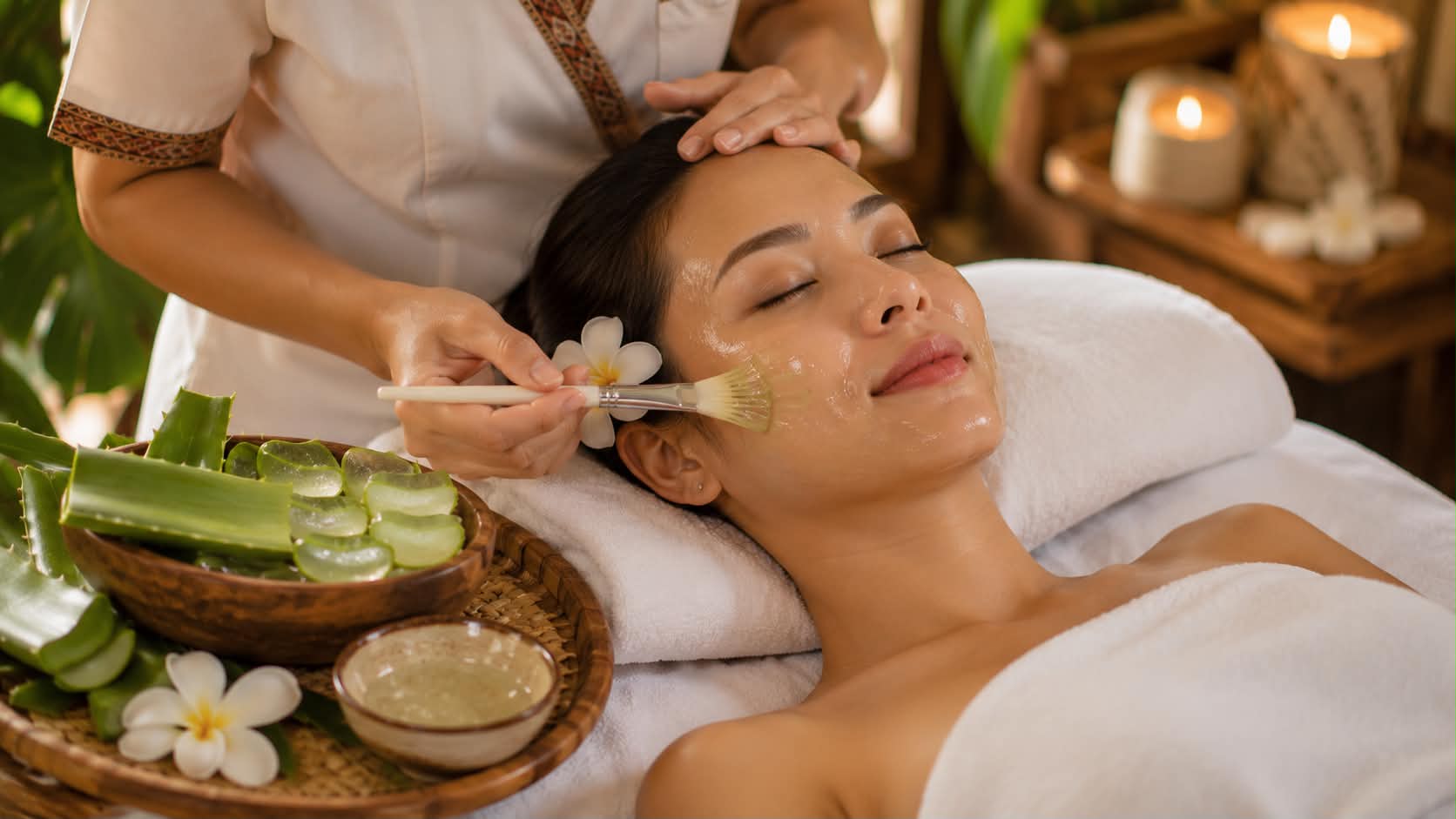 Aloe vera gel being applied during a facial treatment, with fresh aloe leaves alongside.
