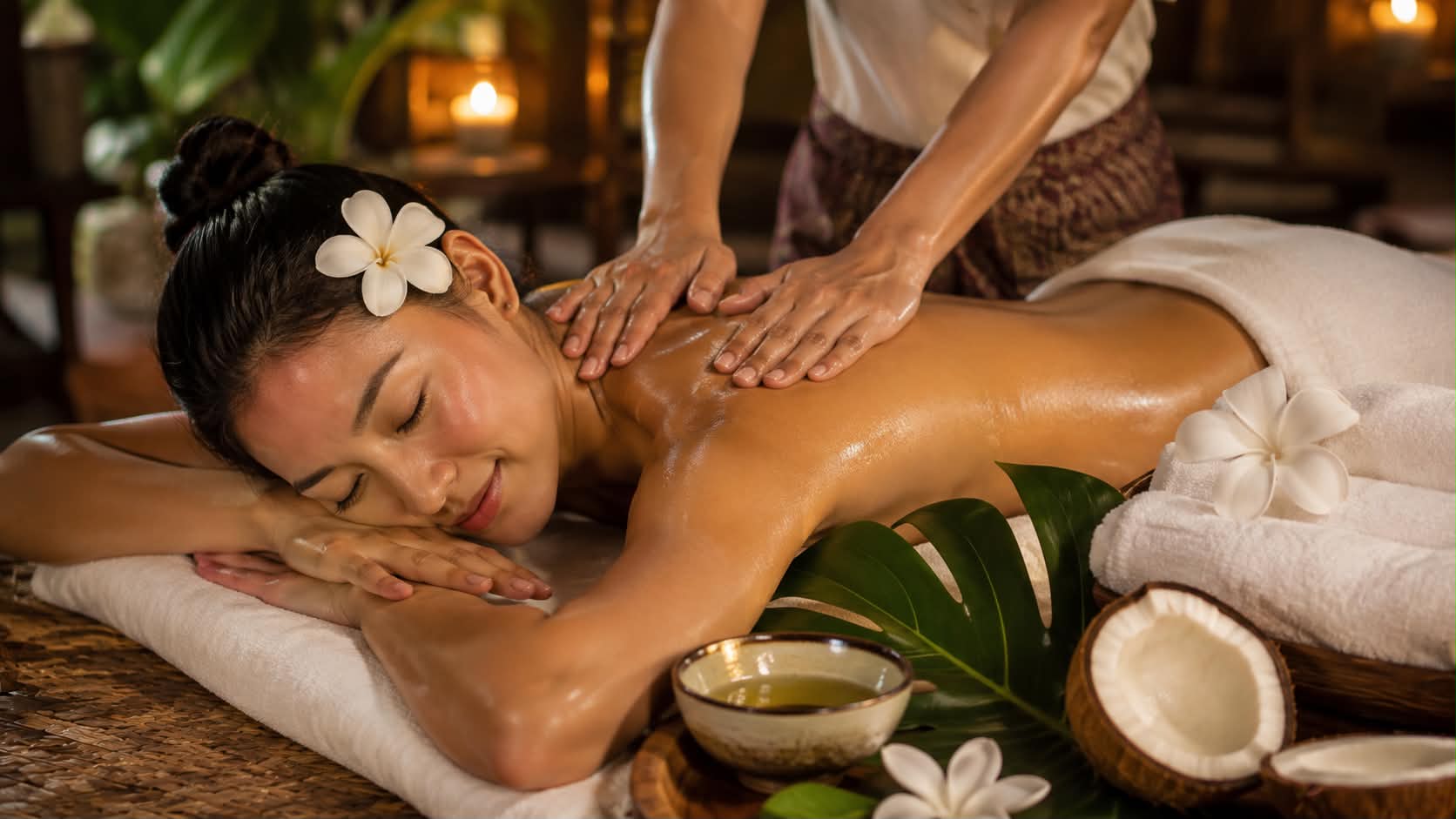 An oil massage being worked along the back.